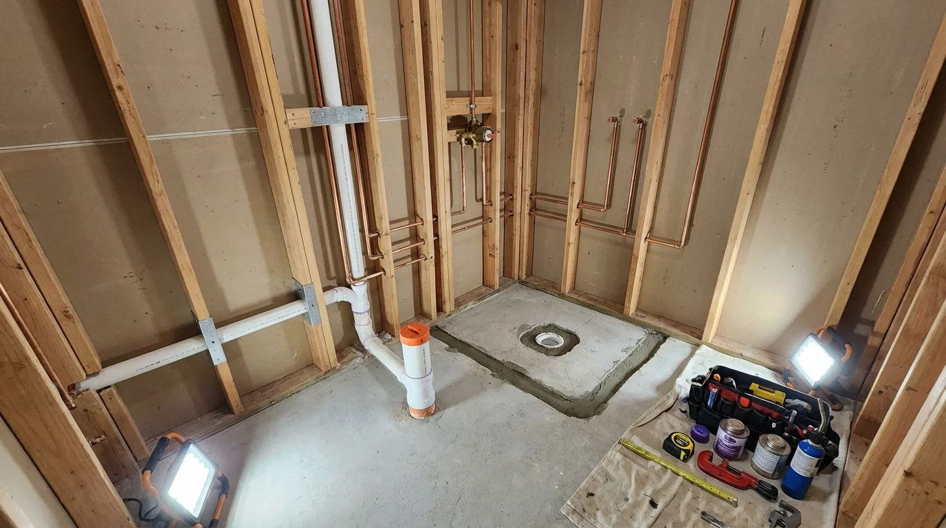 Bathroom rough-in plumbing during remodel by Johns Plumbing LLC in Marshville