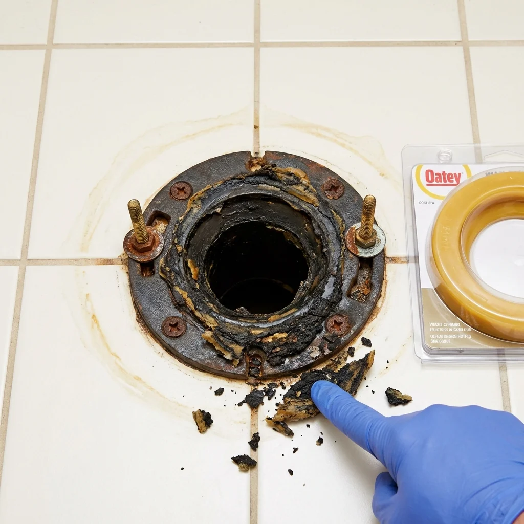 Failed wax ring showing water seepage at the base of a toilet in a Marshville, NC home