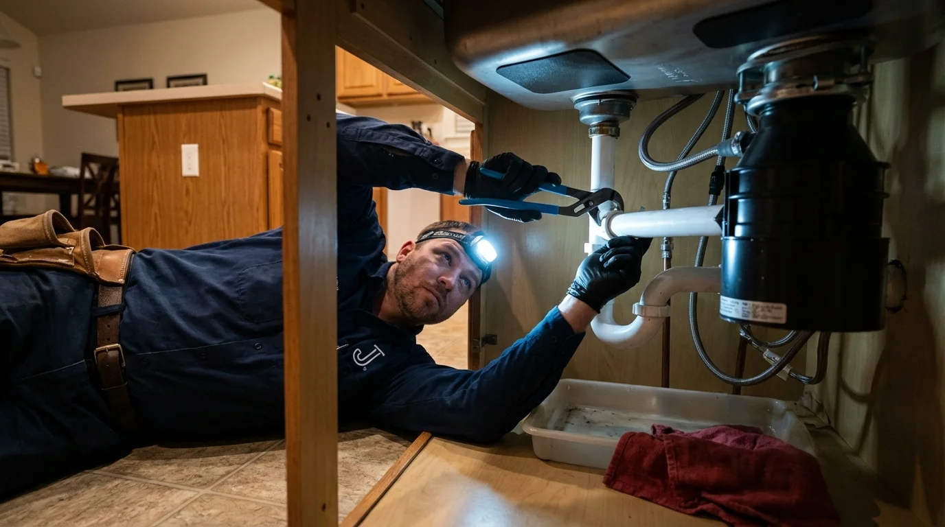P-trap and supply line connections under a kitchen sink showing a common leak point in Marshville, NC